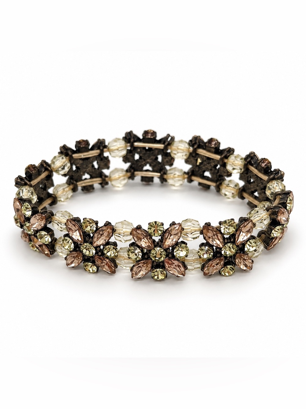 Y2K Crystal Floral Stretch Bracelet - Brown & Champagne